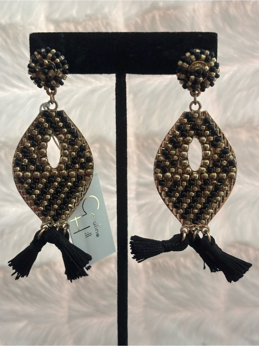 Black & Gold Beaded Tassel Drop Earrings